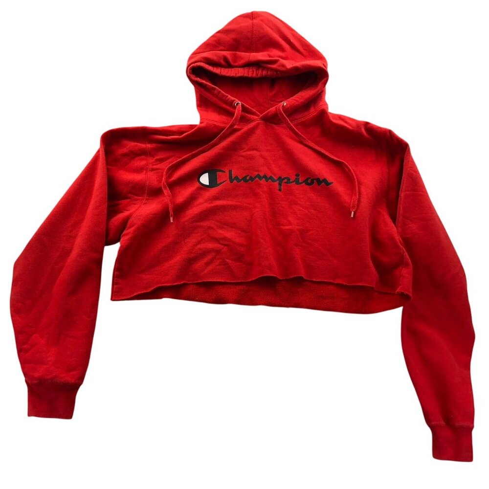 Champion Womens Hoodie Sweatshirt LT Red Pullover Cropped Activewear Top Casual